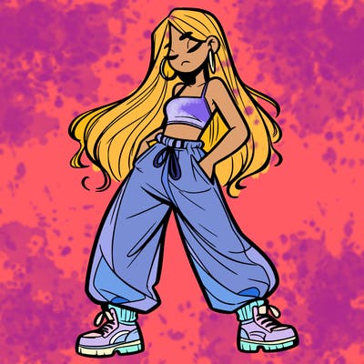 girl in baggy pants crop top and long hair