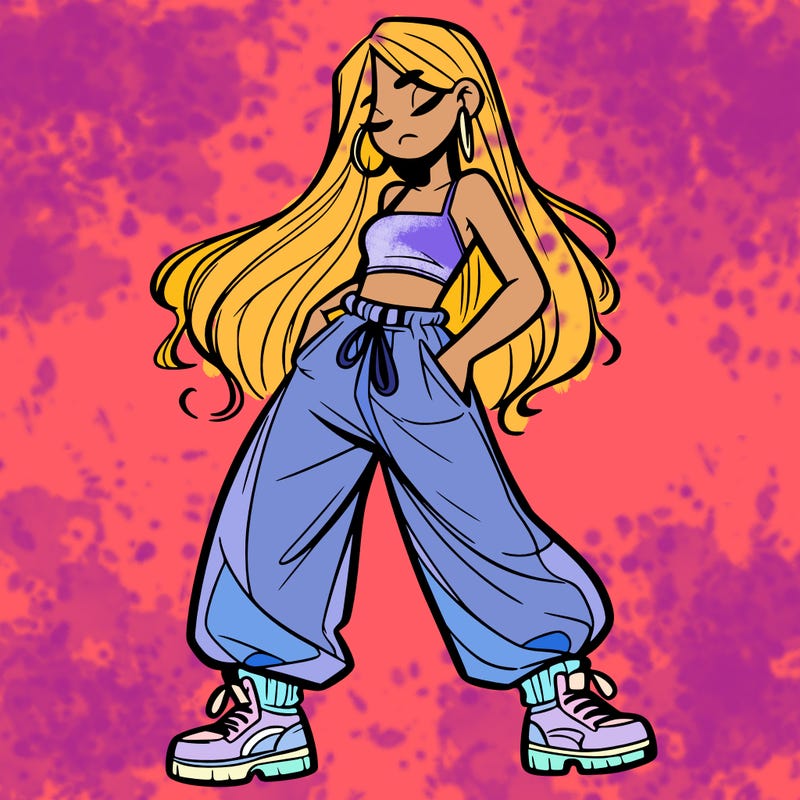 girl in baggy pants crop top and long hair