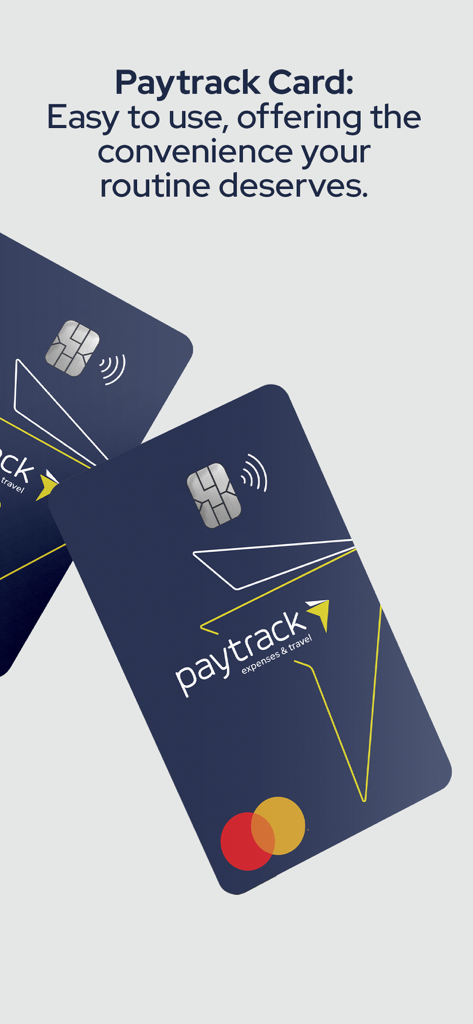 Dois cartões de crédito corporativos Paytrack azul escuro com um logotipo Mastercard e texto descrevendo sua conveniência