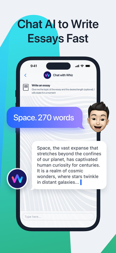 Whiz: Homework, Math AI Helper - Whiz app chat interface demonstrating AI essay generation for a student assignment