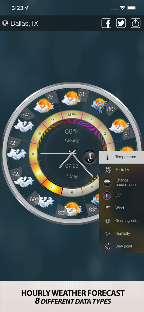 Weather Clock Widget - Weather clock widget showing hourly forecast and eight different weather data types on a circular dial