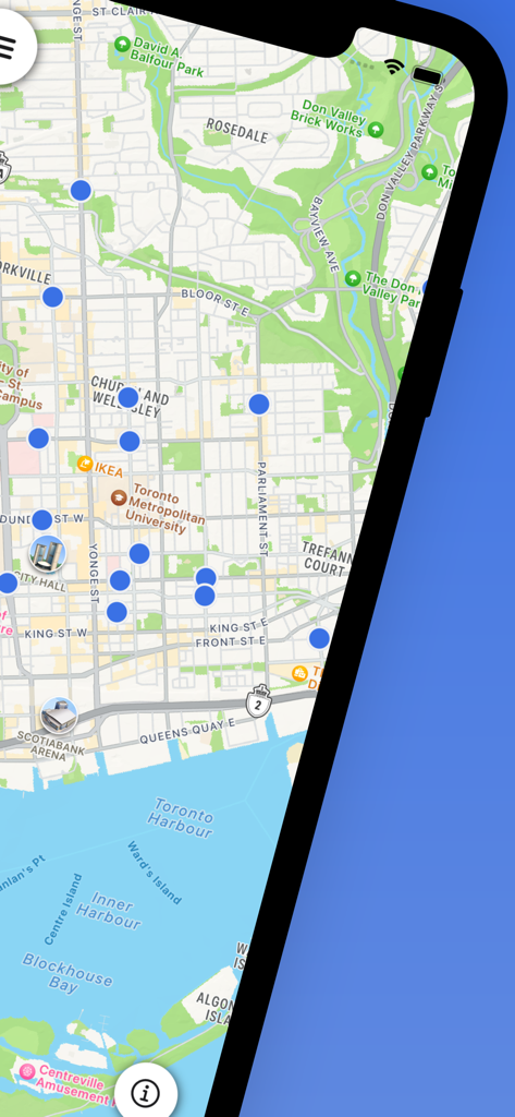 tpscalls - A mobile app screen showing an interactive map of Toronto with blue icons indicating real-time police service calls.