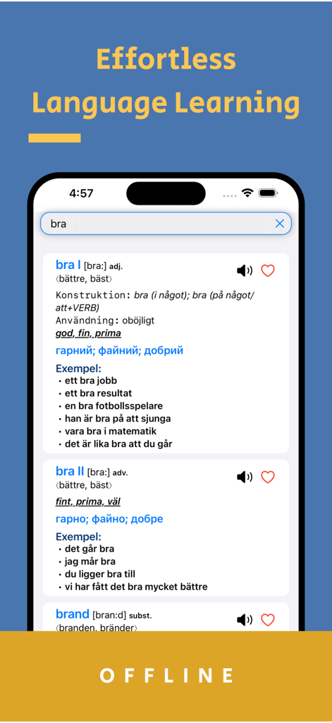 Lexin Offline - Captura de pantalla de la aplicación Lexin Offline que muestra definiciones de palabras suecas y frases de ejemplo para un aprendizaje de idiomas sin esfuerzo.