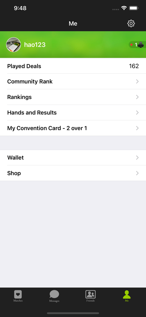 Synrey Bridge - User profile screen in Synrey Bridge showing played deals and community rank.