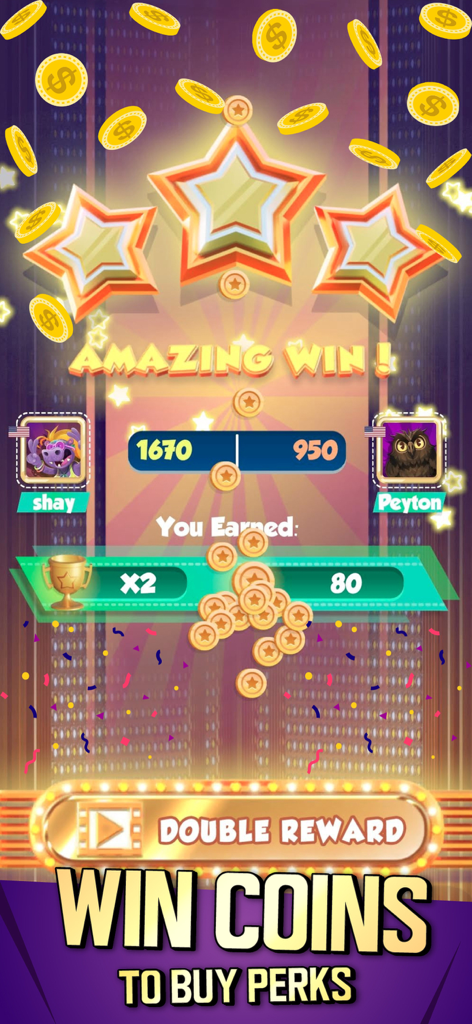 A victory screen in the SkeeBoost arcade game showing match results and earned coins