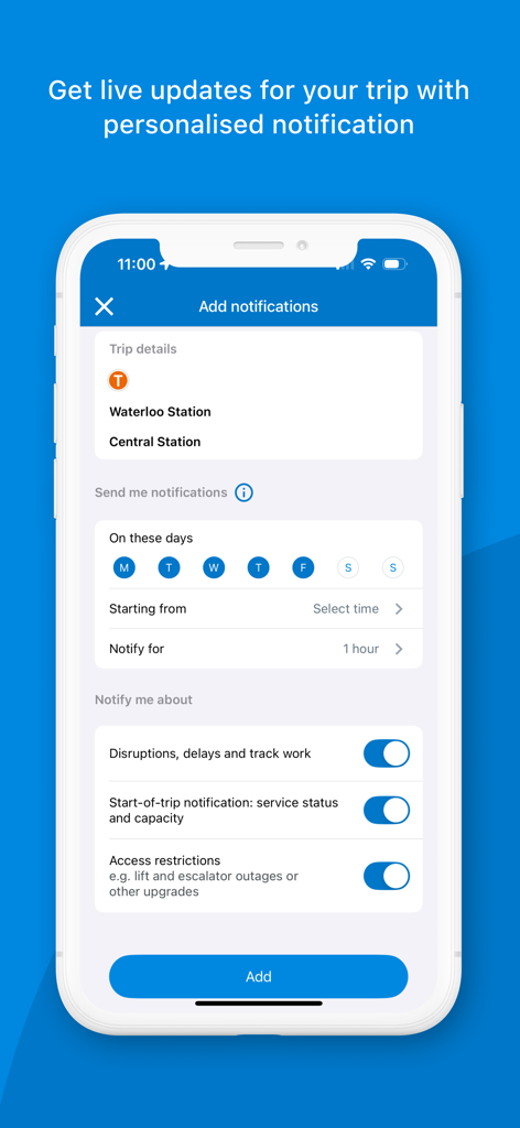 Opal Travel - Opal Travel app interface showing personalized trip notification settings for transit alerts and service updates