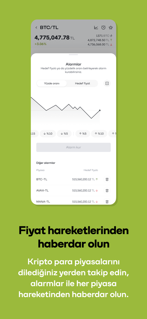 Interfaz de la aplicación móvil para configurar alertas de precios de criptomonedas en el exchange Paribu.