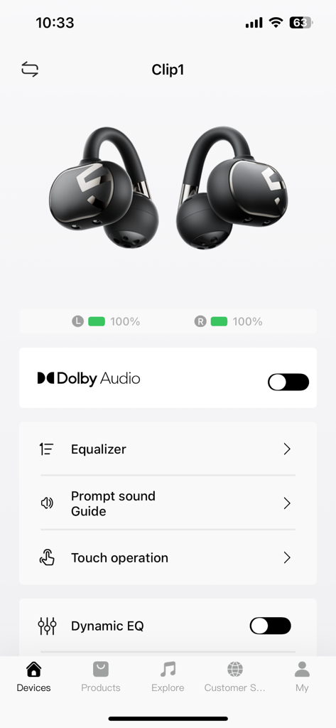 SOUNDPEATS mobile app interface showing earbud battery levels and audio settings like Equalizer and Dolby Audio
