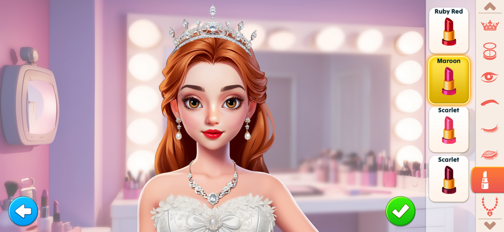 Dream Makeover - Match 3 Games - A bride character wearing a tiara and necklace selects a maroon lipstick shade in a makeover dressing room scene.