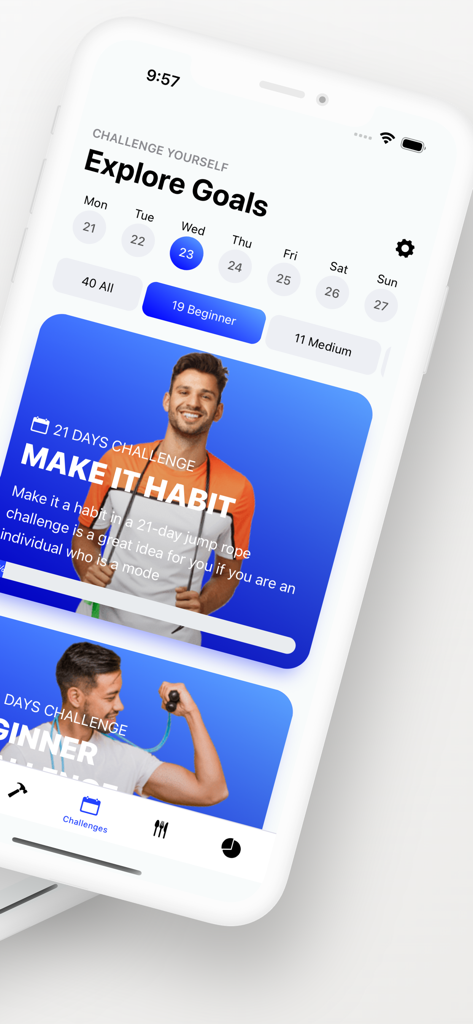 Jump Rope Challenge App - Jump Rope Challenge app interface displaying workout goals and beginner to medium fitness levels