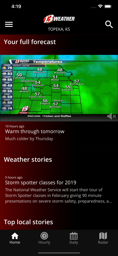 WIBW 13 Weather app home screen with a temperature map for Topeka and Northeast Kansas cities