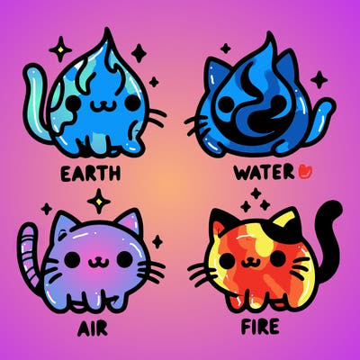 4 cats that represent the different elements, earth, water, air, and fire