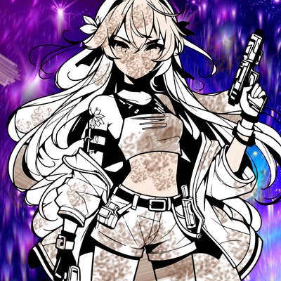 bad girl wearing crop top holding a gun long hair anime
