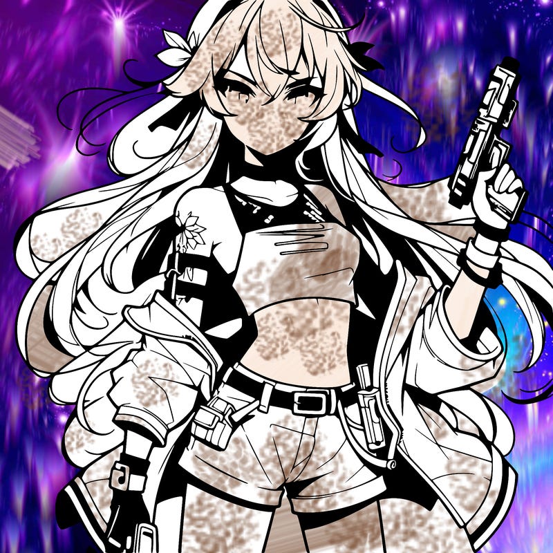 bad girl wearing crop top holding a gun long hair anime