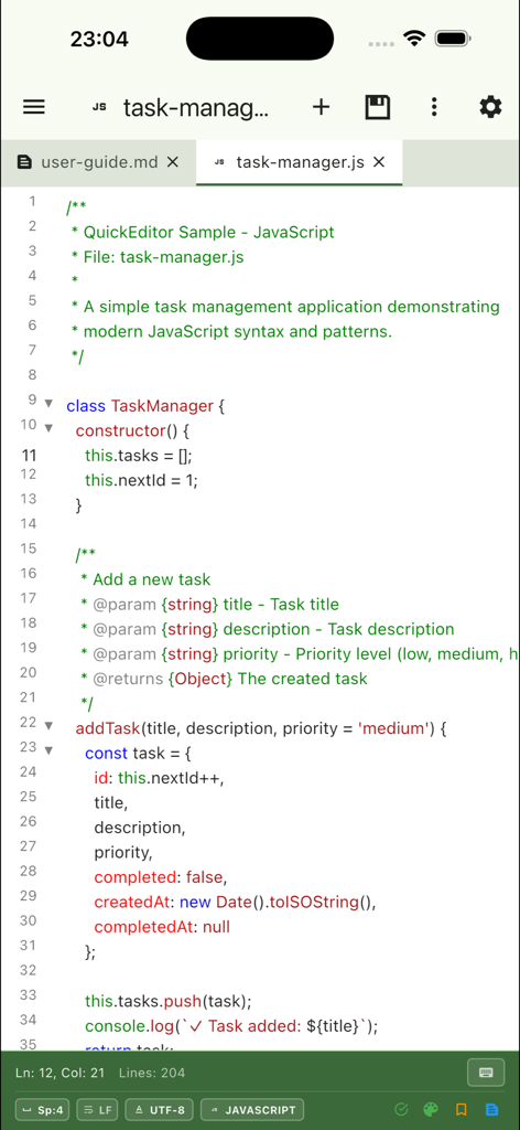 QuickEditor app interface displaying JavaScript code with syntax highlighting and multiple file tabs