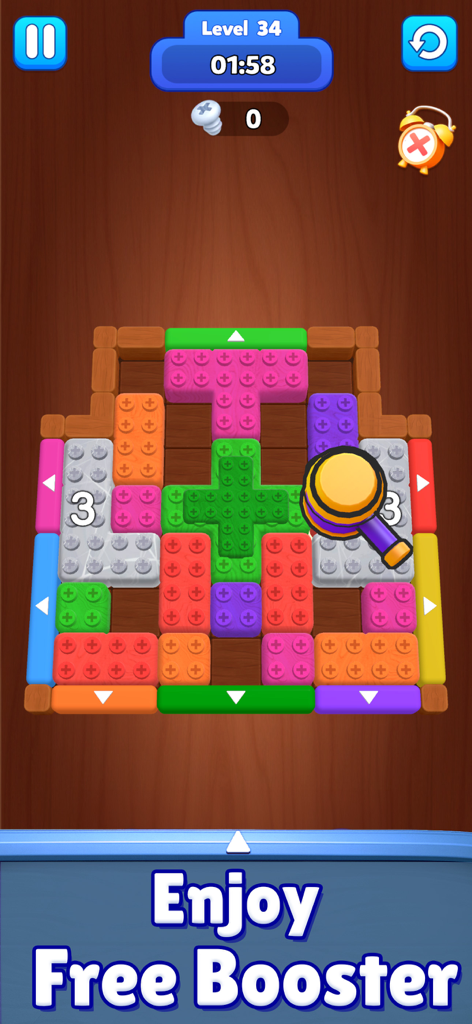 Block Mania: Color Jam - Gameplay of Block Mania Color Jam showing a colorful block sorting puzzle with a hammer booster
