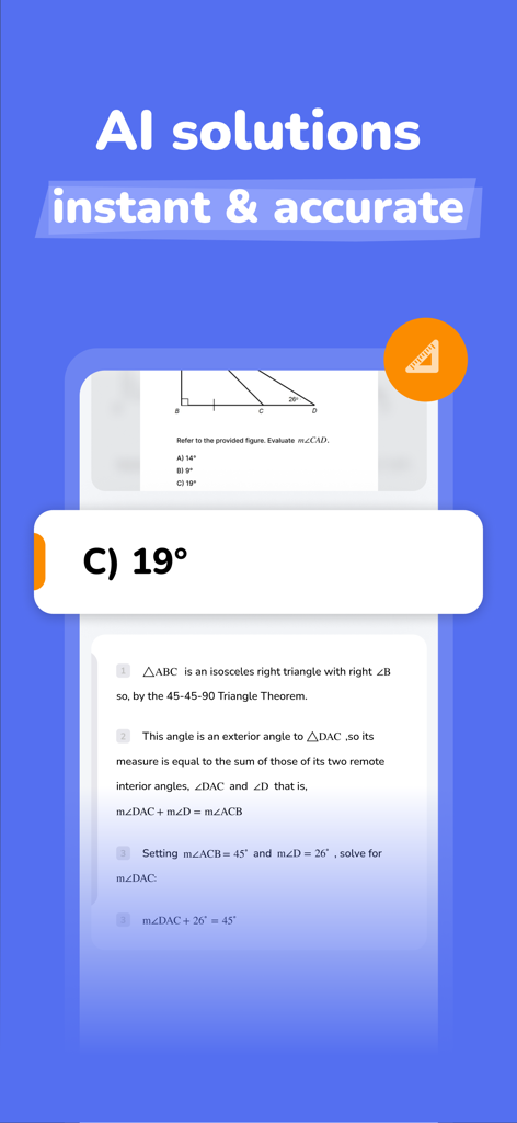 Coursology AI app interface showing a geometry problem with a step by step solution and the correct answer highlighted