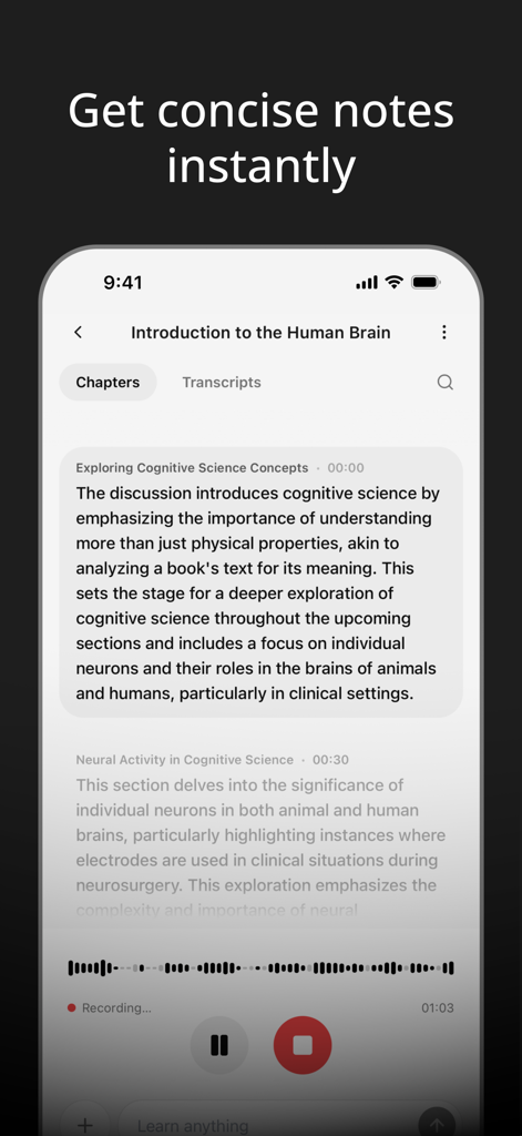 YouLearn app interface displaying AI-generated study notes and transcripts for a lecture on the human brain.
