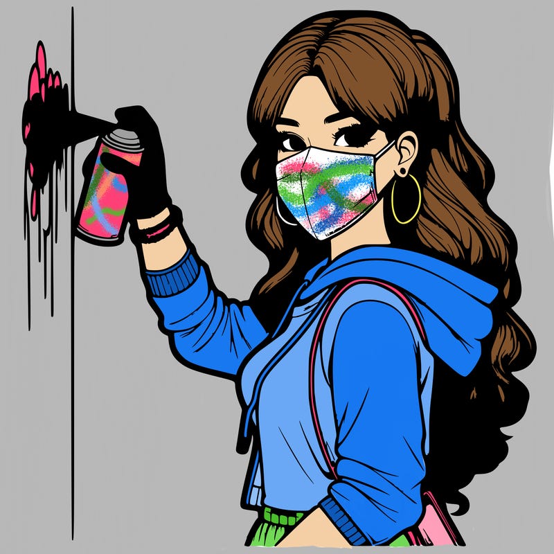 realistic girl with mask spray painting a wall