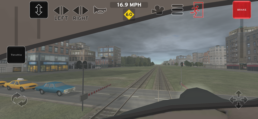 Train And Rail Yard Simulator - Spielinterne Ansicht aus dem Führerhaus einer Lokomotive, die sich einem Bahnübergang nähert