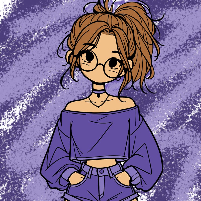 girl with a messy ponytail glasses a baggy crop top and jean shorts