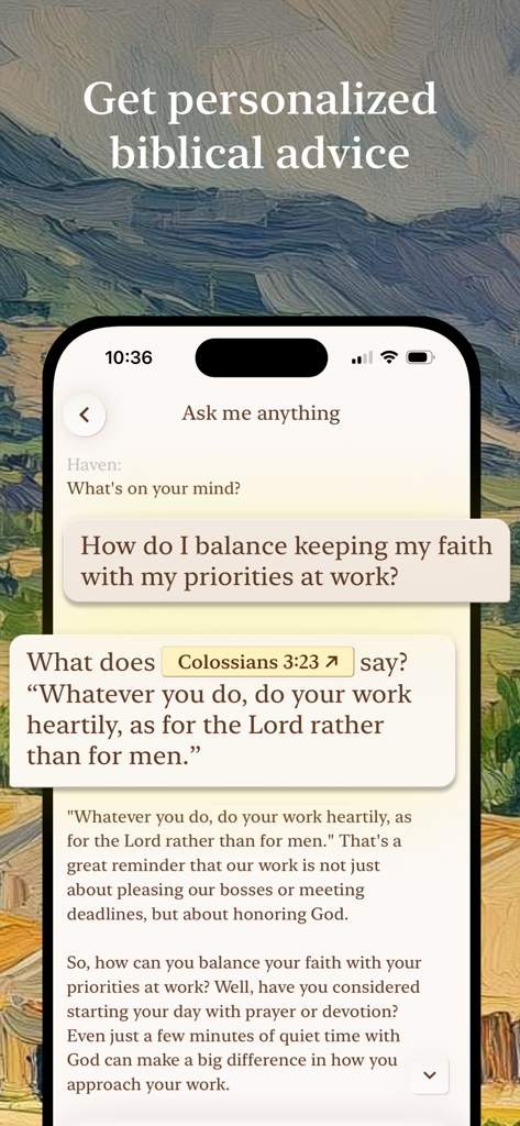 Haven - Bible Chat - Haven聖書チャットアプリが信仰と仕事のバランスに関するパーソナライズされた聖書のアドバイスを提供するスクリーンショット