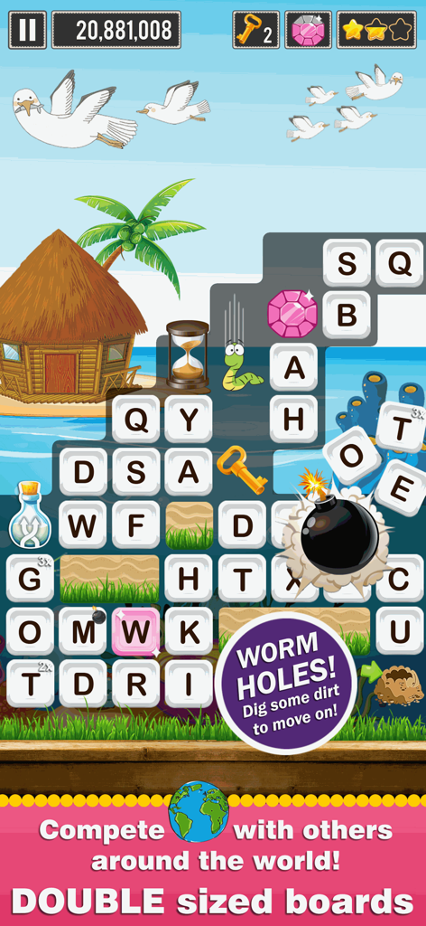 Word Wow Around the World - Gameplay screenshot of Word Wow Around the World showing a beach themed word puzzle level with letter tiles and a worm character