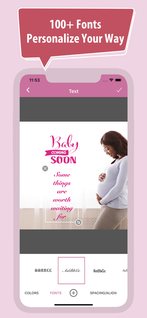 Baby Photo Editor + - Interfaz de aplicación móvil mostrando personalización de texto y fuentes en una foto de hito de embarazo.