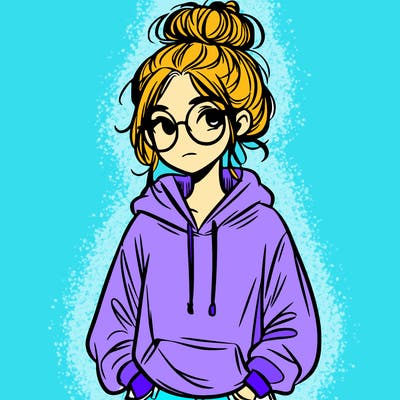 teen girl with a messy bun and glasses wearing a loose hoodie and jeans