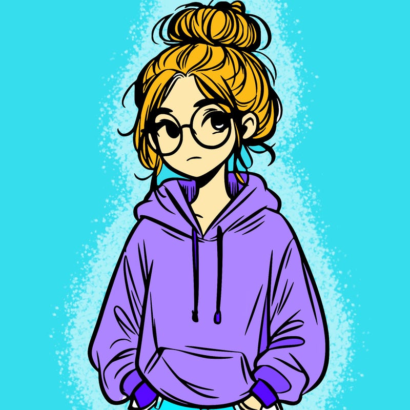 teen girl with a messy bun and glasses wearing a loose hoodie and jeans