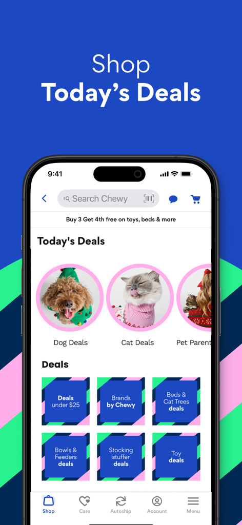 Chewy - Pet Care & Pharmacy - Interfaccia dell'app Chewy che mostra la sezione Offerte del Giorno per i proprietari di animali