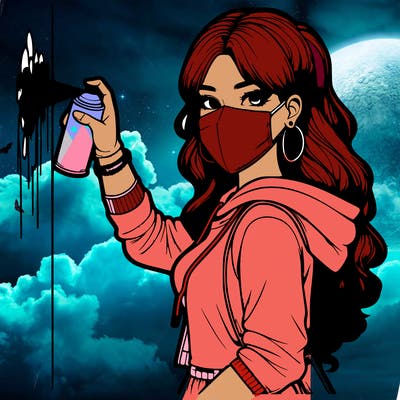 realistic girl with mask spray painting a wall