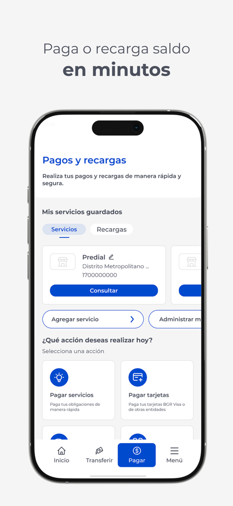 BGR Digital - Interfaz de la aplicación BGR Digital mostrando opciones para pagar facturas de servicios públicos y tarjetas de crédito ecuatorianas