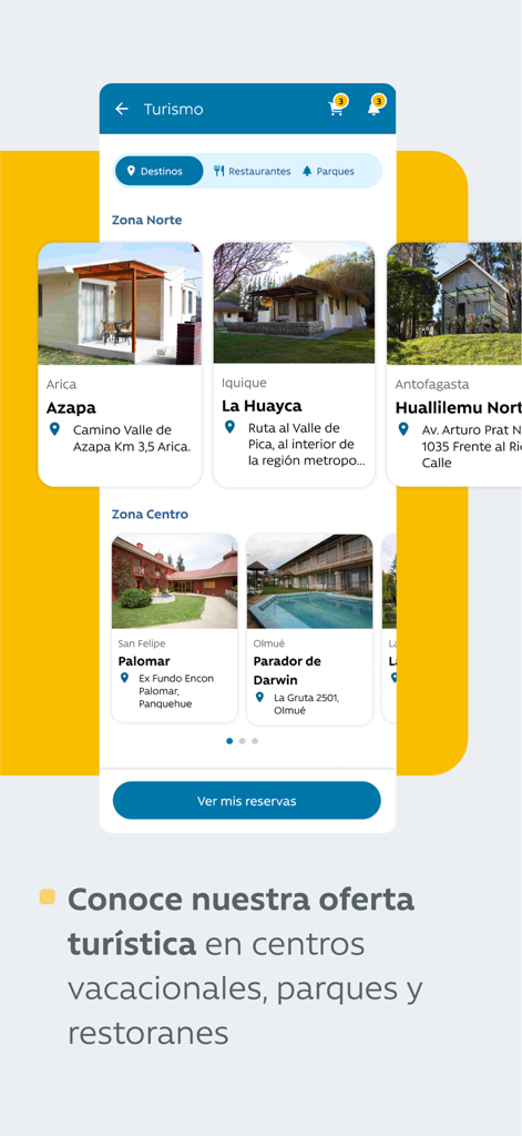 APP Caja Los Andes - Caja Los Andesモバイルアプリのインターフェース。チリのアリカやサン・フェリペの場所を含む、観光および休暇センターのオプションを表示。
