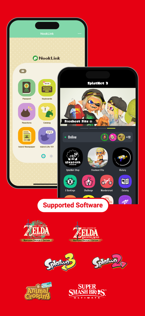 Nintendo Switch App - Interface of the Nintendo Switch App showing NookLink and SplatNet 3 with logos for Zelda, Splatoon, and Animal Crossing.