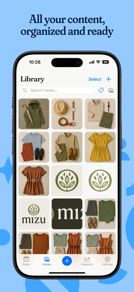 Postpone: Social Media Manager - Oberfläche der Postpone App, die die Inhaltsbibliothek mit organisierten Bildern und einer Suchleiste für Social-Media-Management zeigt.