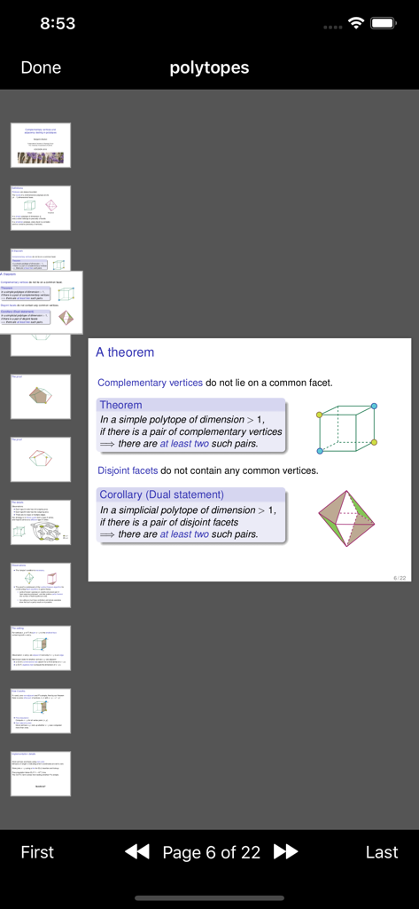 PDF Projector presenter interface showing a scientific slide with navigation controls and thumbnails