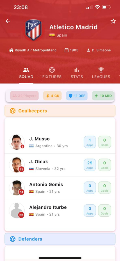 Fut Ao Vivo: dahora - Screenshot of the Footastic app showing the Atletico Madrid squad list and goalkeeper statistics