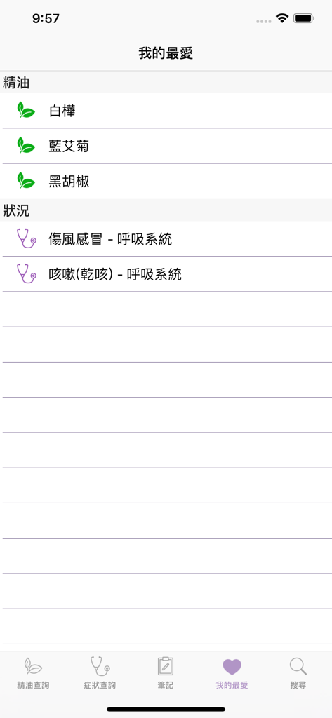 A screenshot of the Aroma LOHAS app's favorites page listing saved essential oils and health conditions in Chinese.