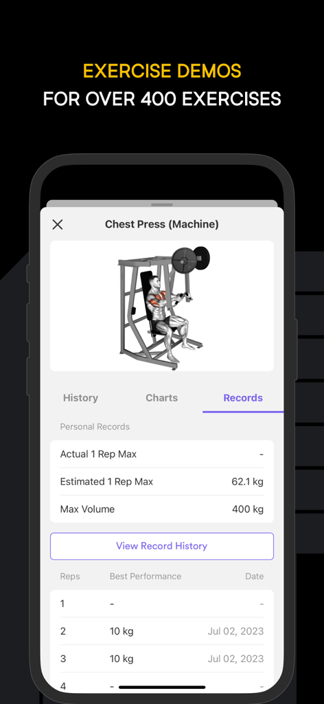 Boostcamp app screen showing a machine chest press demo and personal record tracking for one rep max and volume.