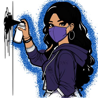 realistic girl with mask spray painting a wall