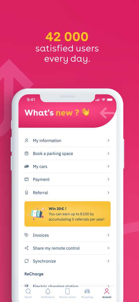 Yespark mobile app account menu with options for parking booking and electric vehicle charging stations