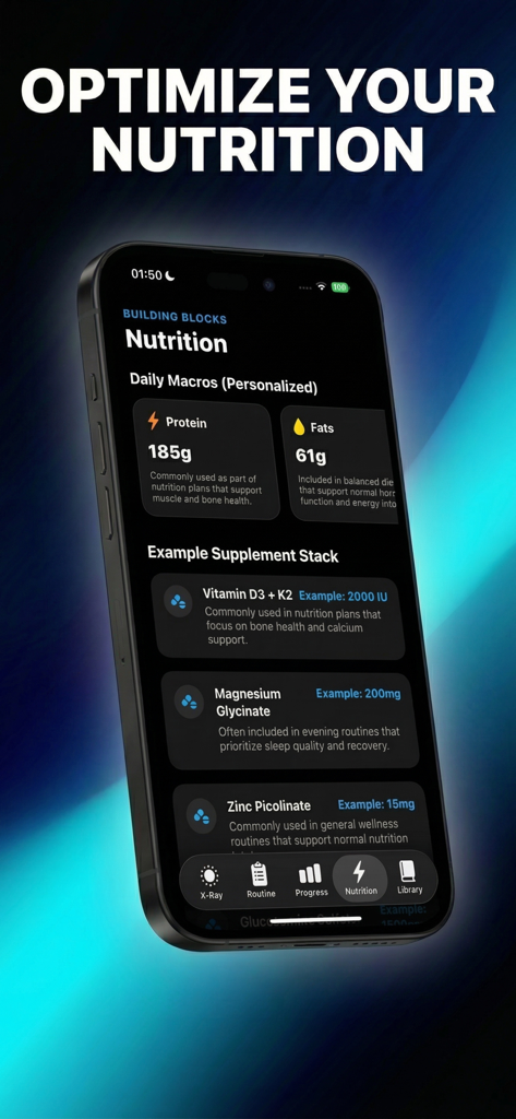A mobile app screen showing personalized daily macro targets for protein and fats along with a recommended supplement stack