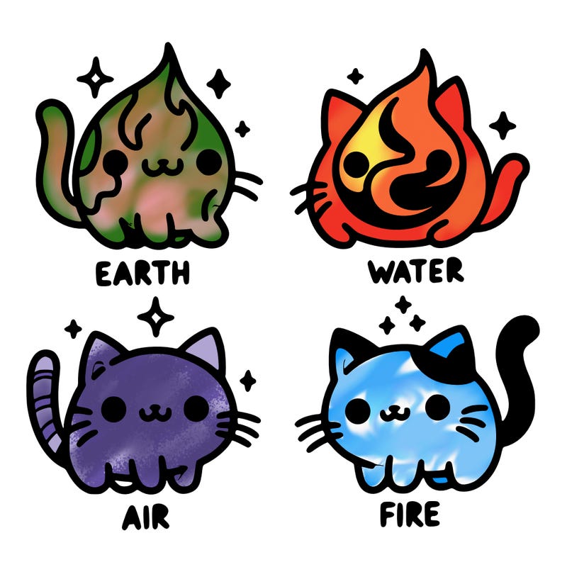 4 cats that represent the different elements, earth, water, air, and fire