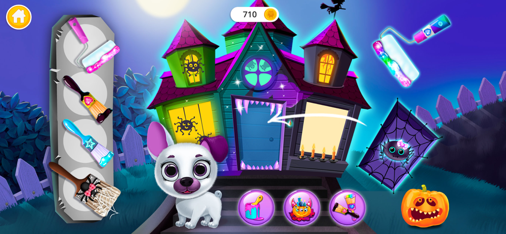 Kiki & Fifi Halloween Makeover - A white puppy in front of a colorful haunted house with painting tools
