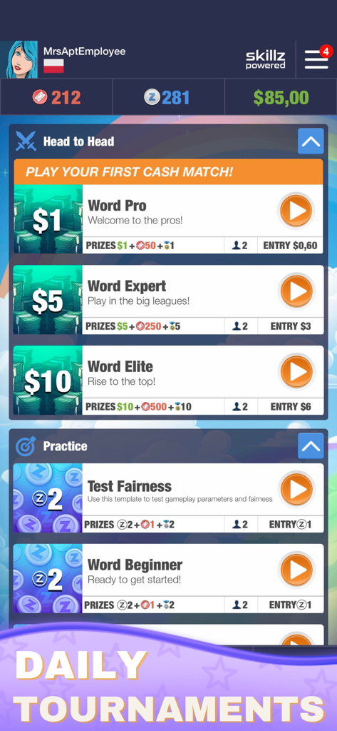 Word Cash app daily tournaments screen showing head to head matches with real cash prizes and practice rounds