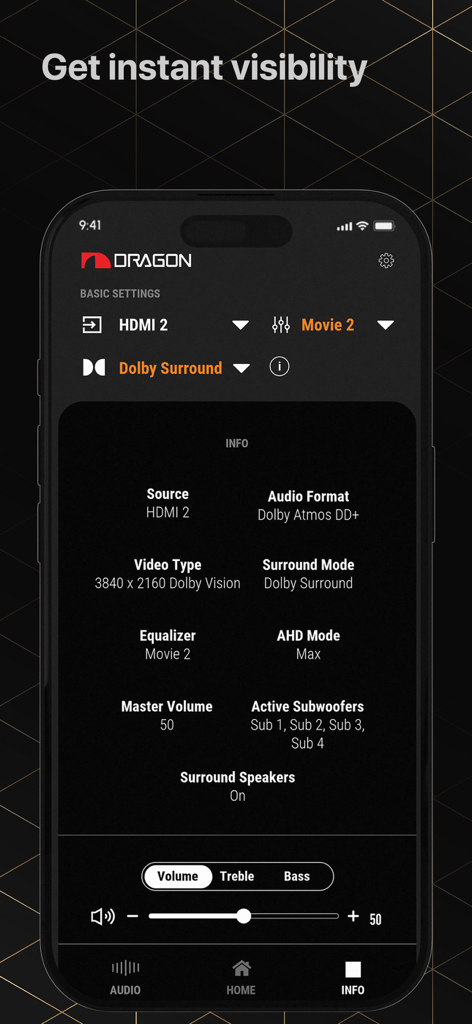 Interfaz de la App de Control Remoto Nakamichi mostrando información en tiempo real del formato de audio y video para el sistema de sonido Dragon.