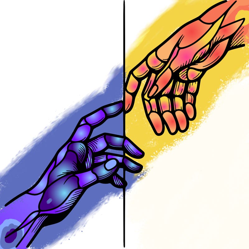 split drawing hand touching hand