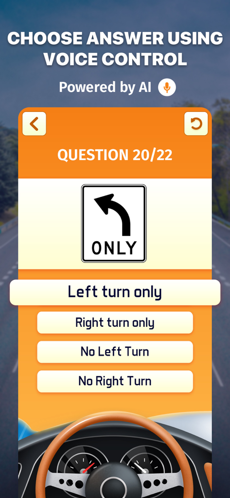 Road Signs AI: Test & Theory - Road Signs AI app interface featuring a driving test question for a left turn only sign and voice control functionality.