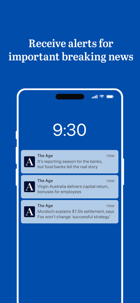 Sperrbildschirm eines Smartphones, der Push-Benachrichtigungen von The Age App zeigt
